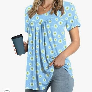 LONGYUAN Short Sleeve Tunic Blouse in Blue Daisy Size M